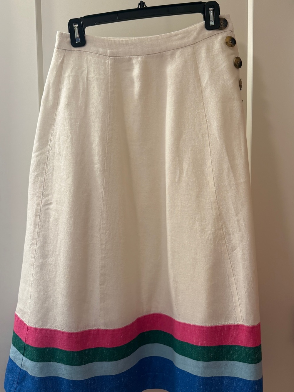 Boden Cream A-Line Midi Skirt with Pink, Green and Blue Colorblock Hem